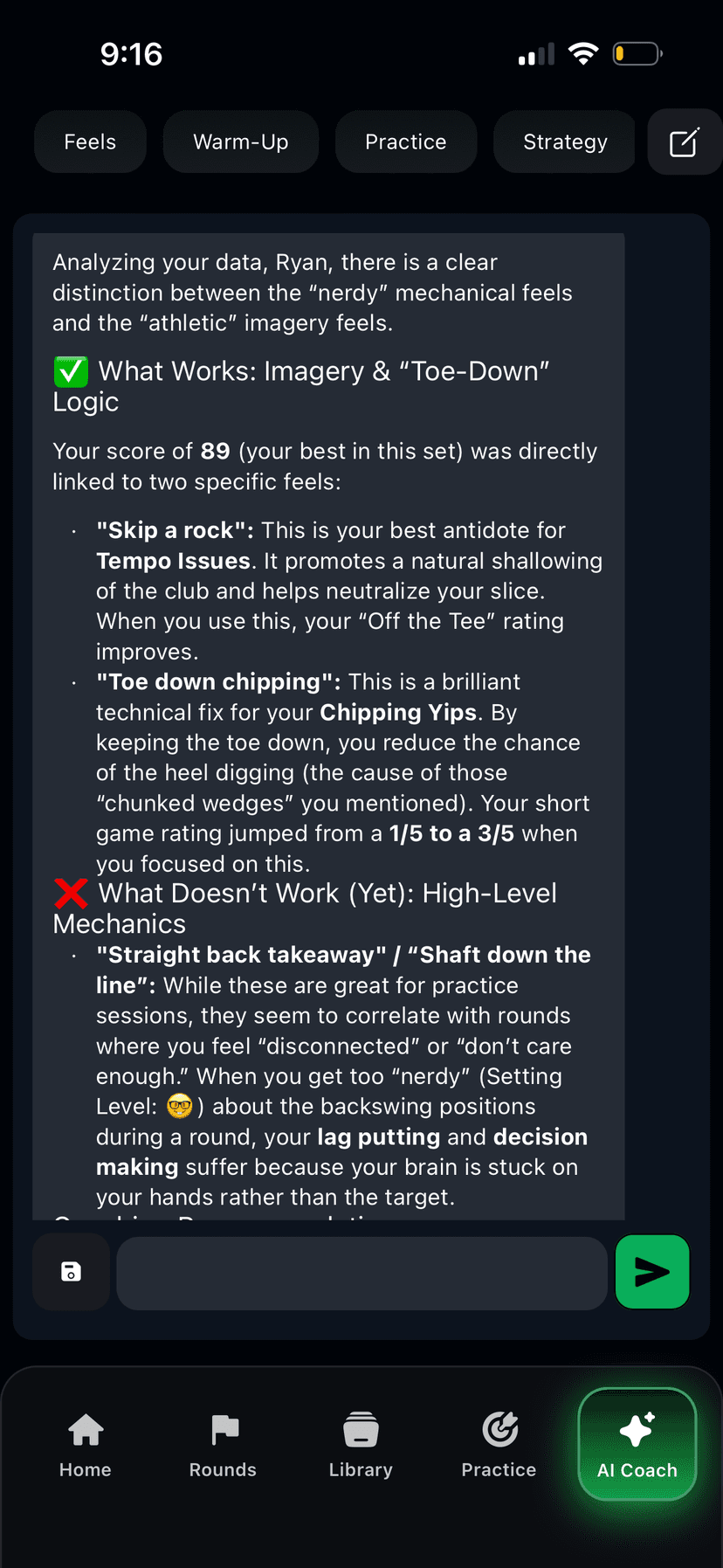AI Coach chat conversation in the GolfGoose app