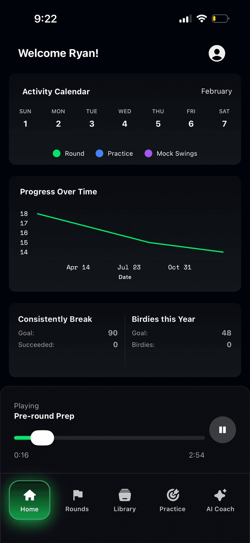 Pre-round pump up screen in the GolfGoose app